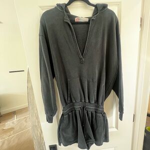 Gray Hooded short romper with one Front Pocket and two back pockets